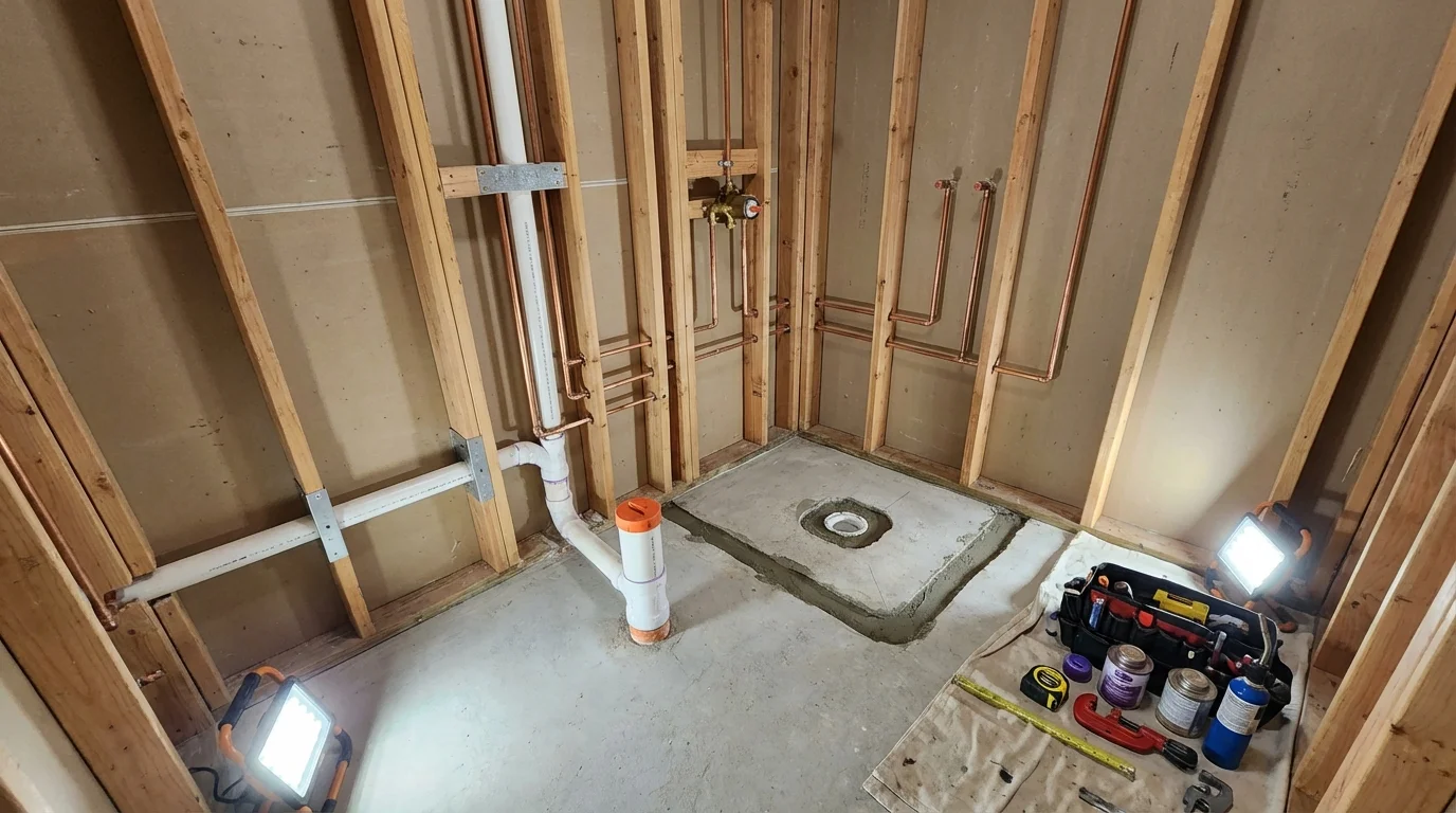 Bathroom rough-in plumbing during remodel by Johns Plumbing LLC in Breckenridge