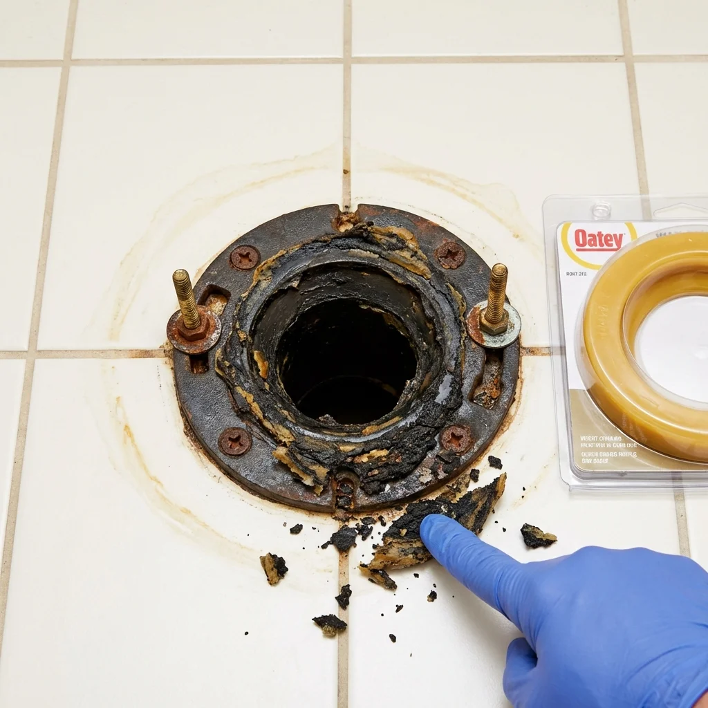 Failed wax ring showing water seepage at the base of a toilet in a Breckenridge, TX home