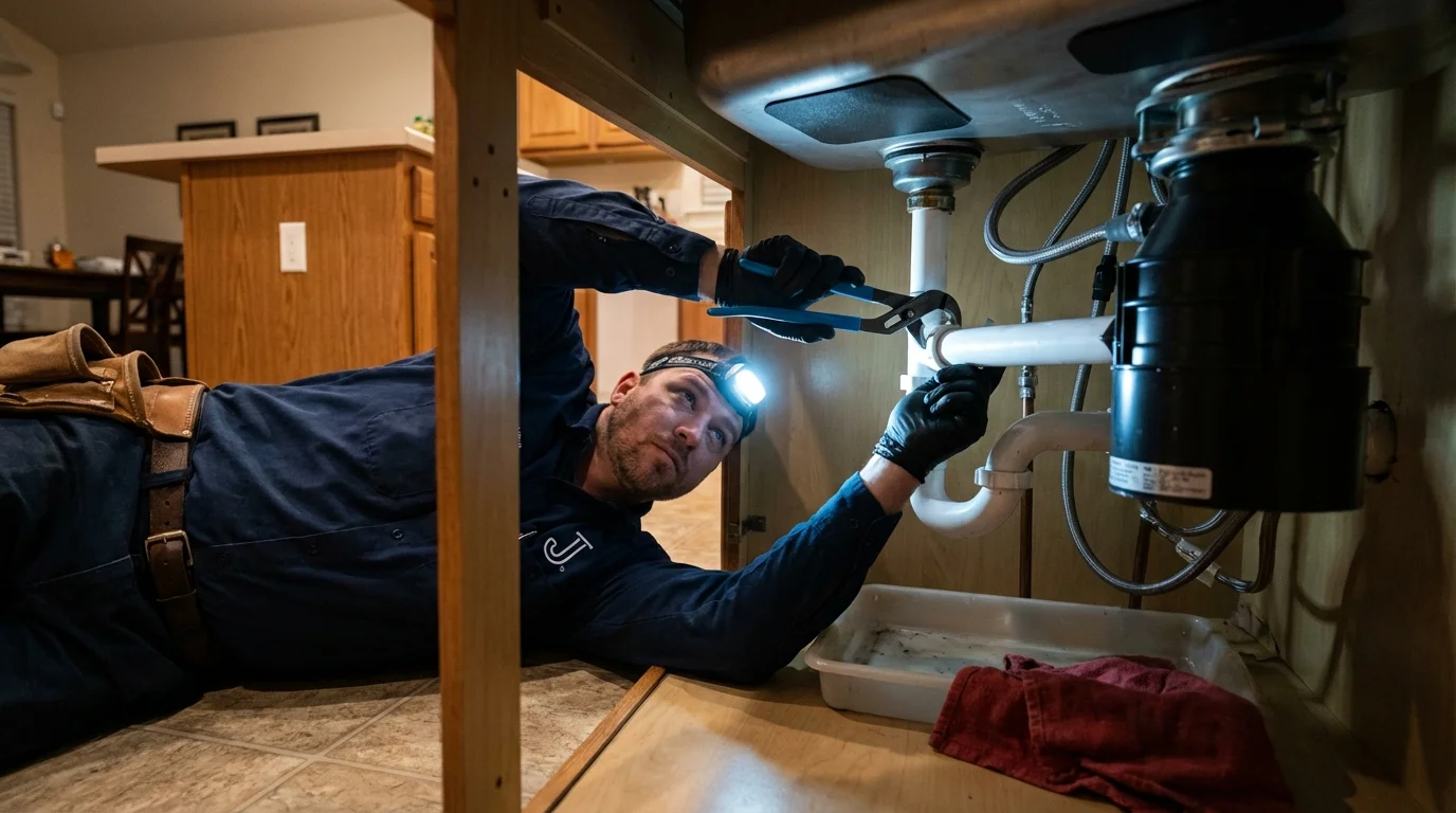 P-trap and supply line connections under a kitchen sink showing a common leak point in Breckenridge, TX